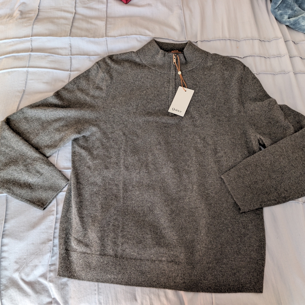 NWT Quince Mens XL 100% Mongolian Cashmere Charcoal Gray 1/4 Zip Sweater